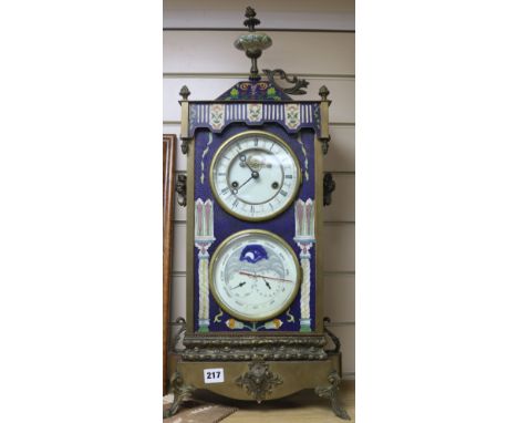 A brass and cloisonne enamel calendar mantel clock