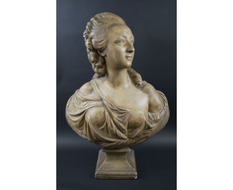 BUST, Louis XV style, painted plaster, inscribed 'Portrait de Madame la Contesse du Bary, 1773', 74cm H x 48cm W. 