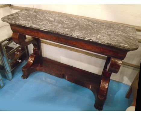 CONSOLE TABLE, 19th century French Louis Philippe flame mahogany with blind frieze drawer undertier and St Annes grey veined 