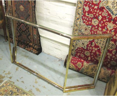 CONSOLE TABLES, a pair, Italian 1970s brass and chrome with glass tops, 150cm W x 76cm H x 35cm D. (2)