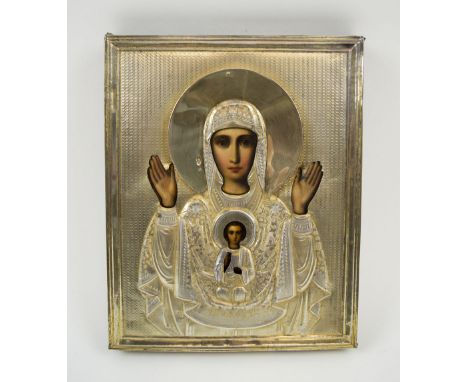RUSSIAN ICON, depicting mother of God and Christ, the hallmarked silver oklad with engine turned and embossed decoration and 