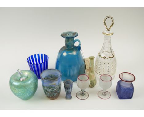 DECORATIVE GLASSWARES, a miscellany including a gilt and engraved decanter, 24cm H a Venetian Roman style bottle flask, 17.5c