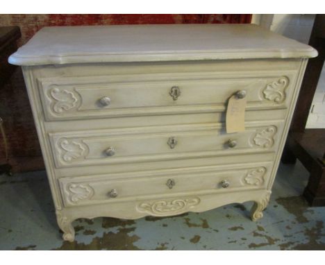 COMMODE, French Louis XV style grey painted with three long carved drawers, 93cm W x 48cm D x 78cm H.