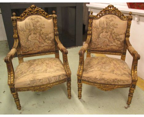 FAUTEUILS, a pair, Louis XVI manner giltwood in tapestry style fabric, 66cm W. (2) (marks to upholstery)