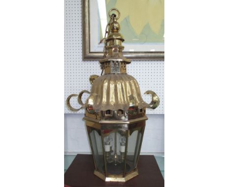 HALL LANTERN, octagonal, brass with scrolled decorative top, 89cm x 51cm.