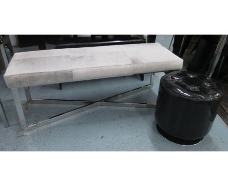 STOOL, chrome framed with a rectangular pony hide top joined by an 'X' stretcher, 135cm W x 50.5cm H, and a faux leather circ