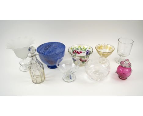 DECORATIVE GLASSWARES, comprising Stuart cut glass bowl, ruby glass jar, blue studio bowl, decanter etc. (9 items) 