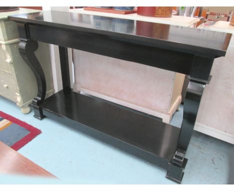 CONSOLE TABLE, with ebonised rectangular top and undertier, on cabriole front supports, 152cm W x 96cm H x 46cm D (with fault