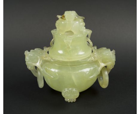 KORO, green jadeite, the lid with foo dog finial, 15cm W x 13cm H.