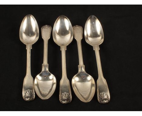 Five Silver dessert spoons, fiddle, thread and shell pattern by Paul Storr, three London 1811, London 1812 and London 1813