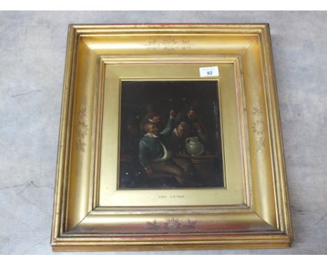 An oil on board After Van Ostade of a gentleman drinking in a tavern, 9" x 8"