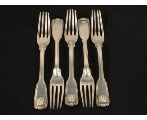 Five Silver dessert forks, fiddle, thread and shell pattern by Paul Storr, four London 1814 and one London 1813