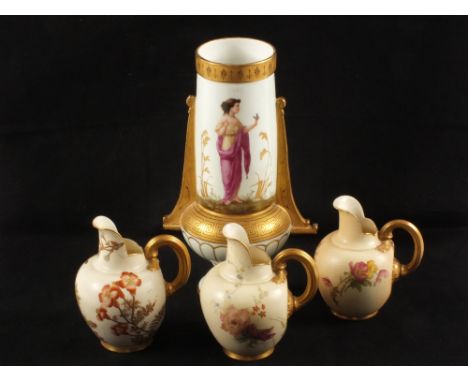 Three Royal Worcester Blush Ivory jugs and a porcelain figural vase (all damaged)