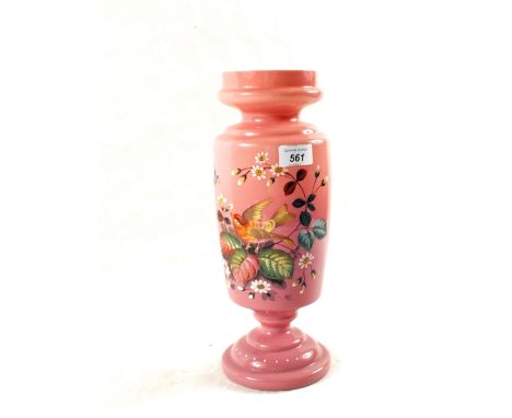 A Victorian pink opal glass vase with bird and floral decoration