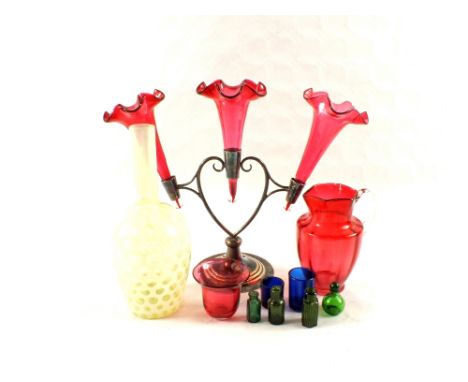 A Cranberry glass three branch Epergne plus Cranberry and other glass including a Vaseline vase