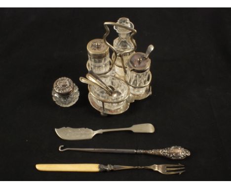 A Silver top jar, button hook etc