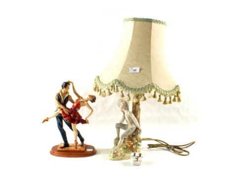 A Spanish porcelain figural table lamp and flamenco group