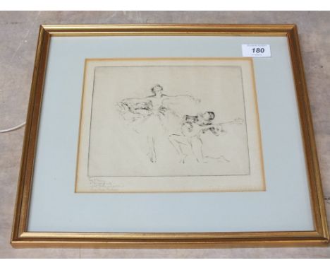 Etching of ballerina and musician inscribed Troy Kinney Adored Artist by Best Teacher and Good Friend Marie Anna Pavlova, 7" 