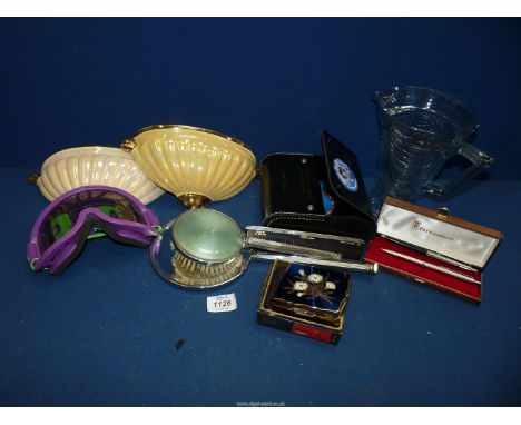 A quantity of miscellanea to include a small Roulette wheel, a Stratton powder compact, a dressing table set, two "Papermate"