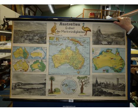 A vintage wall hanging German poster of Australia on canvas, 39" x 27 1/2".