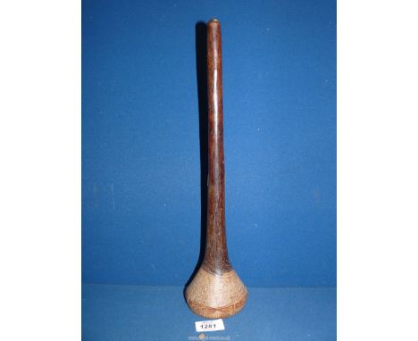 An old ethnic hardwood throwing club with flat top head which appears to have had a fixing to top, possibly metal, 16" long x