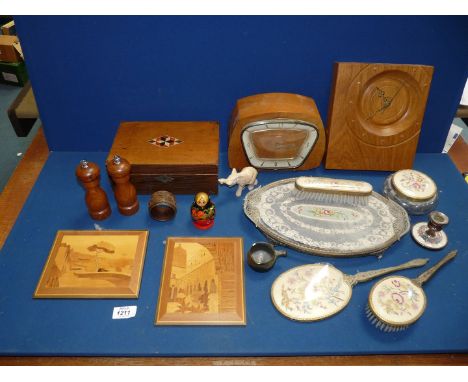 A quantity of miscellanea and Treen including presentation box, Smiths mantle clock, contemporary wooden clock, salt and pepp