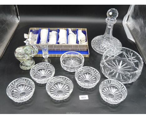 A quantity of glass including; ships decanter, cut glass fruit bowl (chip to rim), cut glass fruit dishes, elephant paperweig