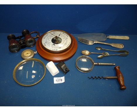 A small quantity of miscellanea including barometer, small pair of binoculars, magnifying glass, sugar tongs etc.