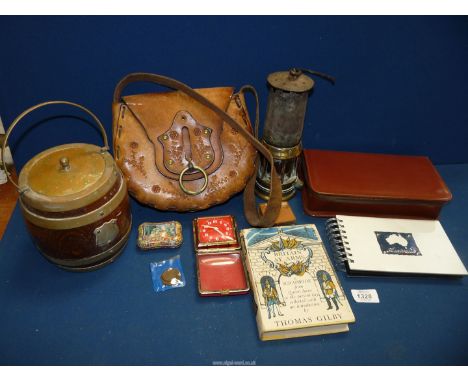 A quantity of miscellanea including storage bins in book form, tooled leather hand bag, Davy lamp, gents travel kit, compass 