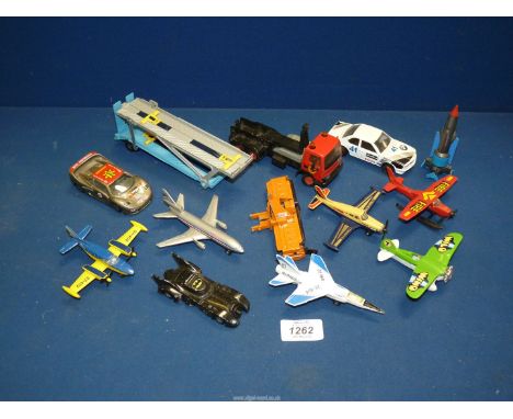 A small box of die-cast Corgi Matchbox and other cars including Batmobile, aeroplanes, etc. plus a quantity of Matchbox racin