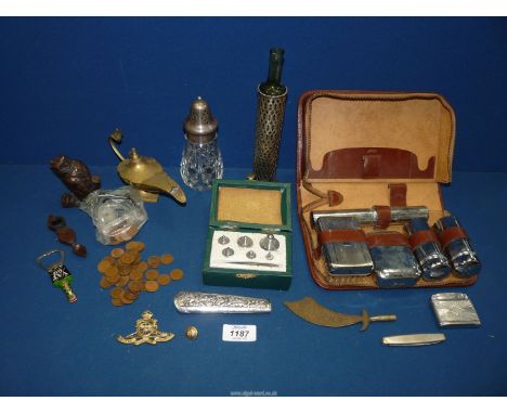 A small quantity of miscellanea including Middle Eastern silver knife handle, cased weights, brass Aladdin lamp, sugar sifter