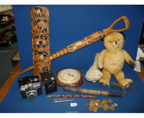 A quantity of miscellanea including 'Sooty' jointed Teddy, six-20 Brownie Junior camera, whip, carved stick, etc.