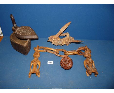 A 19th century vintage tribal carving, two Chinese wood carvings and Indian box.
