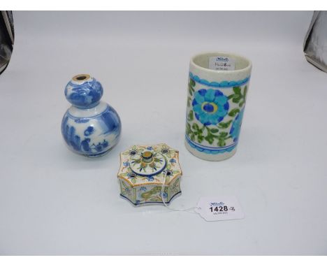 A 19th century French Mosanic inkwell, 3'' square and a 17th century Delft or Frankfurt gourd vase 5 3/4'' tall (top ground) 