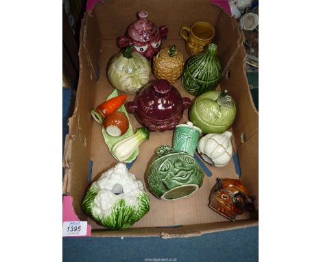 Thirteen novelty Kitchen storage Jars to include mint sauce, beef dripping, parsley sauce, cauliflower, garlic, apple sauce, 