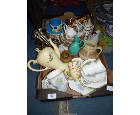 A box of mixed china including part 'English Rose' tea set, Crown Derby jug, 'Durance' tea set and part Myott coffee set, a/f