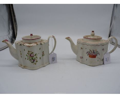 Two New Hall style teapots, c. 1800 decorated with floral sprays, both with faults.