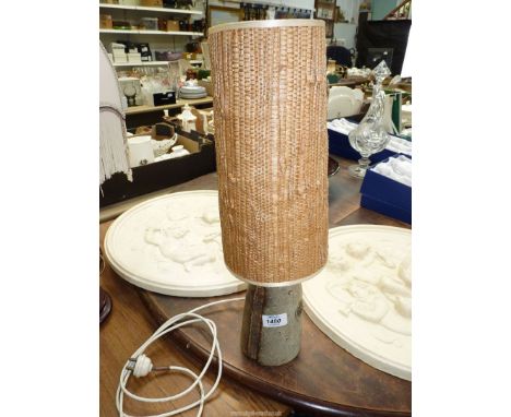 A studio pottery dome shaped Lamp base with rattan effect cylindrical shade, 19 1/4'' tall.