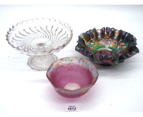 An old Baccarat style swirled glass Tazza, 8'' wide x 4 1/2'' tall, registration no. for year 1886,  a Fenton USA iridescent 