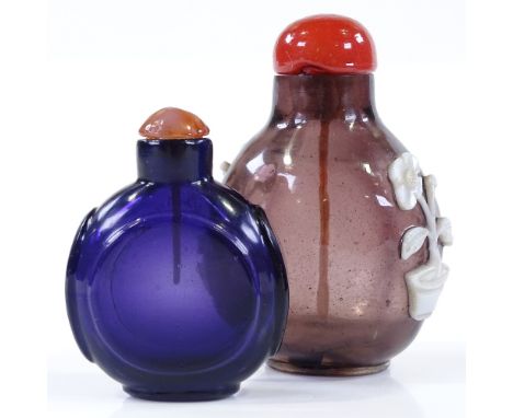 An Antique Chinese 2-colour amethyst and milk Peking glass overlay cameo snuff bottle, with original coral coloured glass sto