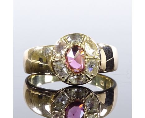 An 18ct gold rose-cut pink tourmaline and diamond cluster panel ring, maker's marks WW, setting height 11.8mm, size S, 7g 