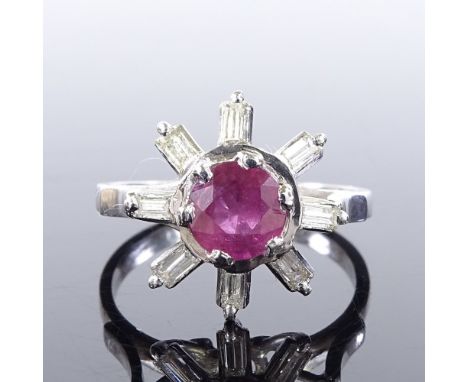 An unmarked platinum ruby and diamond cluster snowflake ring, with openwork bridge, setting height 14.6mm, size O, 5.1g 