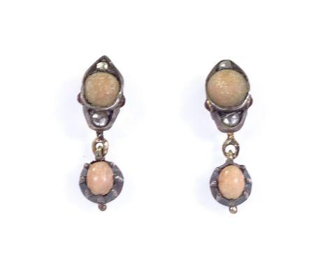 A pair of Victorian unmarked gold coral ruby and diamond snake/serpent earrings, overall height 22mm, 2.6g 