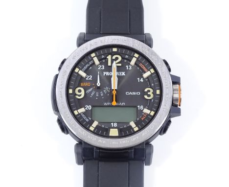 CASIO - a stainless steel and resin-cased Pro Trek chronograph solar quartz wristwatch, analogue/digital display with quarter