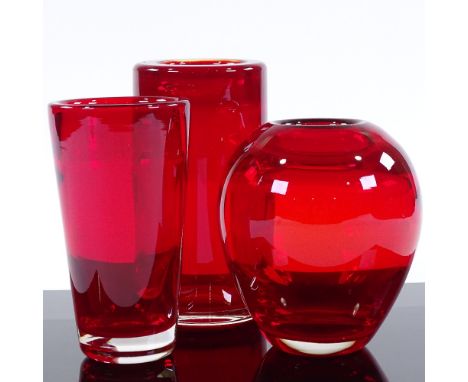 3 Whitefriars ruby glass vases designed by Geoffrey Baxter 1957-'64, largest height 16cm 