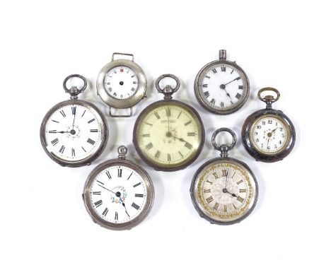6 silver-cased open-face fob watches, and a gun metal fob watch (7) 