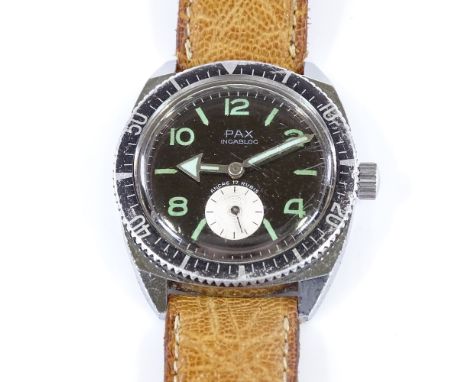 PAX - a Vintage stainless steel automatic diver's wristwatch, black dial with luminous Arabic hour markers and rotating bezel