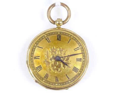 A Swiss unmarked gold open-face key-wind fob watch, with detailed coloured enamel caseback, depicting lady and child, signed 