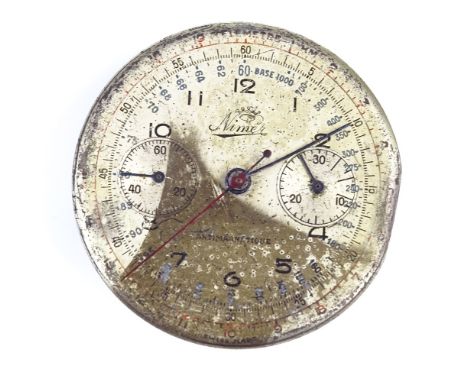 NIMER - a Telemeter chronograph wristwatch movement, circa 1950s, Arabic numerals with tachymeter scale and 2 subsidiary dial