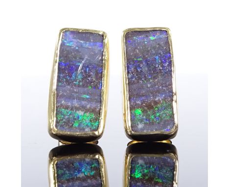 A pair of handmade designer 18ct gold rectangular Yowah Australian opal panel earrings, maker's marks PM, earring height 15.9